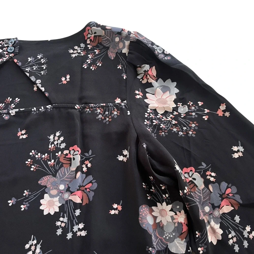 LOFT Women's S Black Pink Floral Bouquet Long Sleeve Cutout Casual Career Blouse